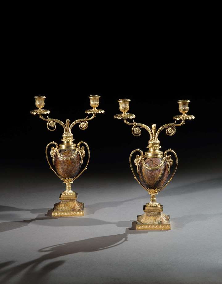 A PAIR OF GEORGE III ORMOLU MOUNTED BLUE JOHN CANDLE VASES BY MATTHEW BOULTON